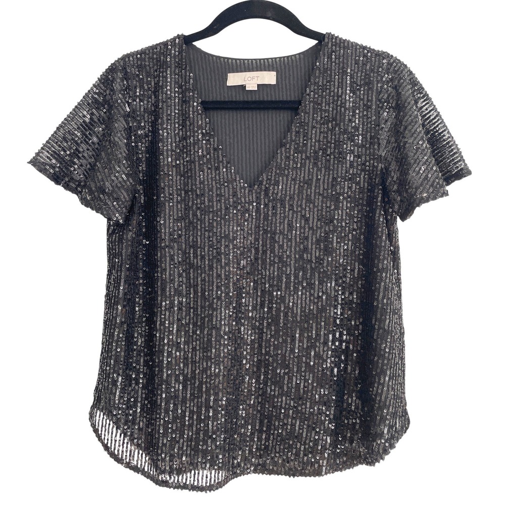 LOFT Black Sequin V-Neck Short Sleeve Blouse Striped Mesh Party Top XXS